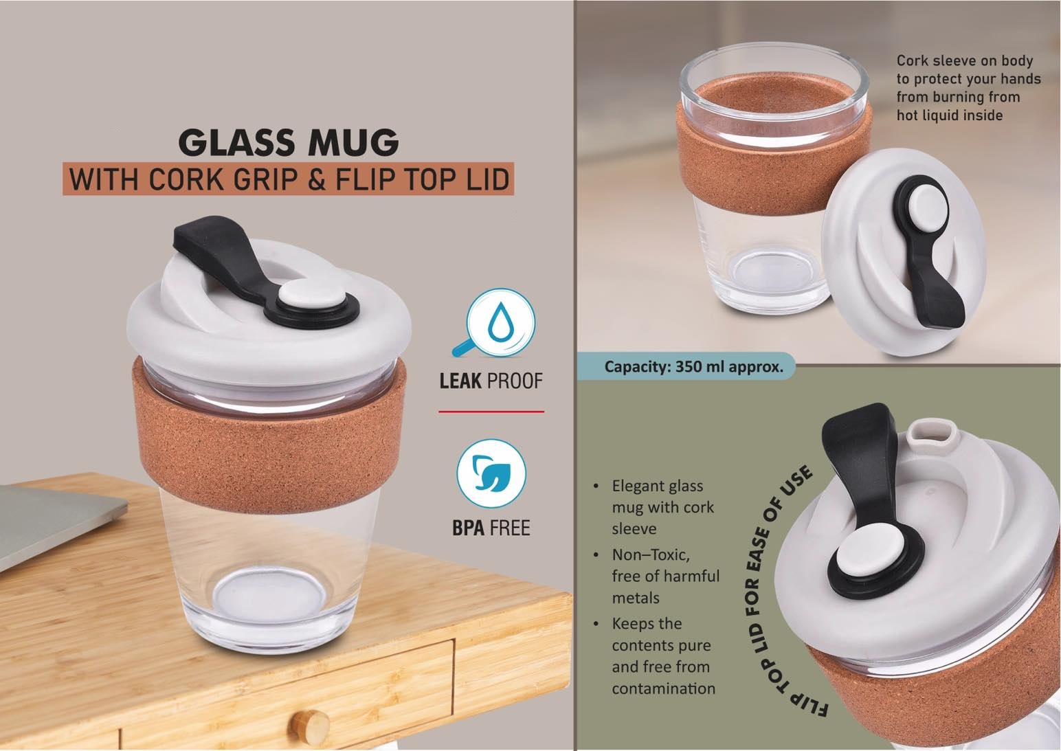 Astra Eco Glass Coffee Mug with Cork Sleeve & Flip Lid