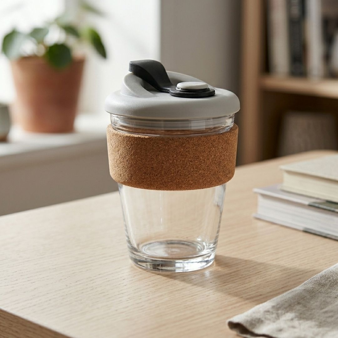 Astra Eco Glass Coffee Mug with Cork Sleeve & Flip Lid