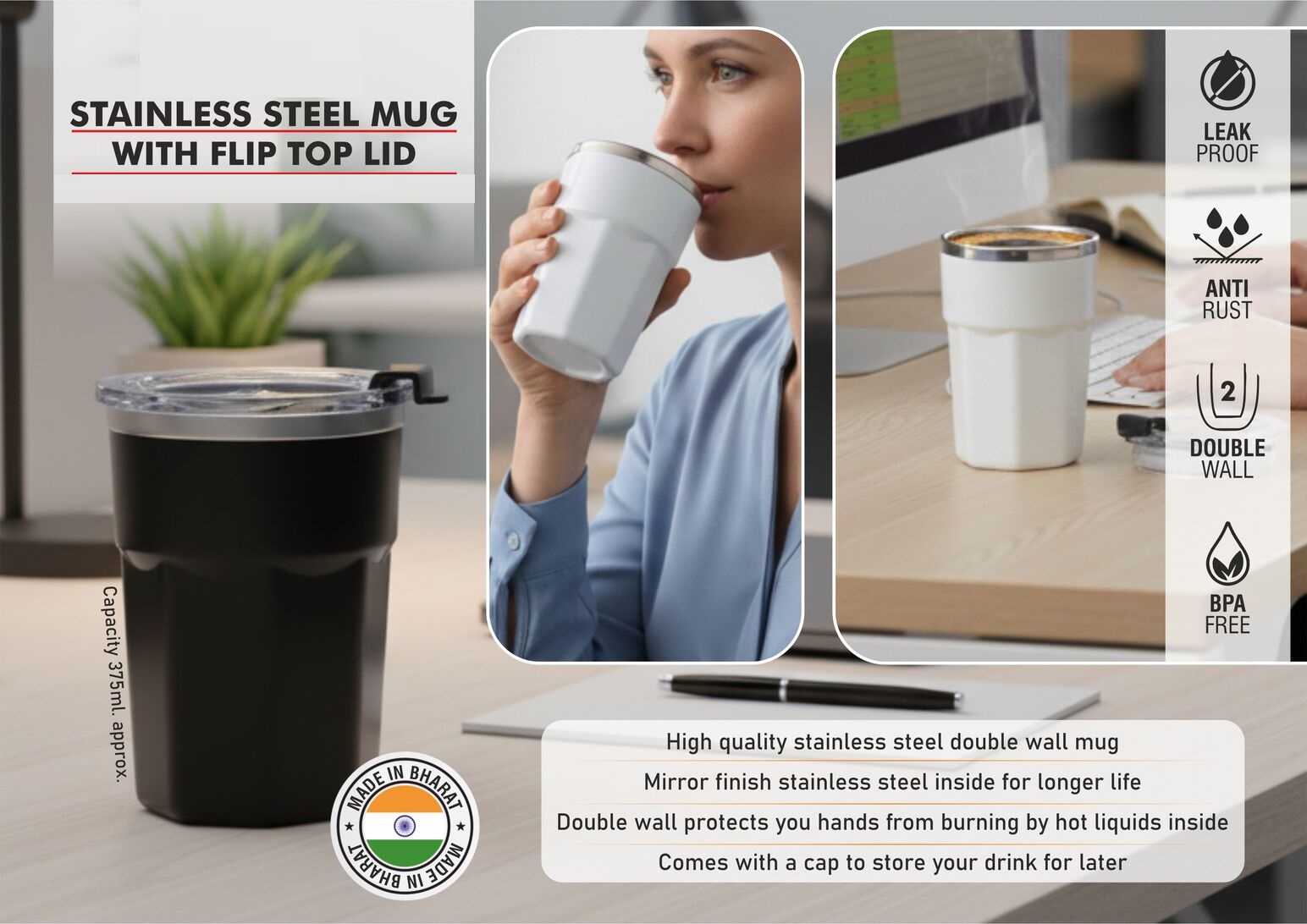 Stainless Steel Mug with Flip Top Lid