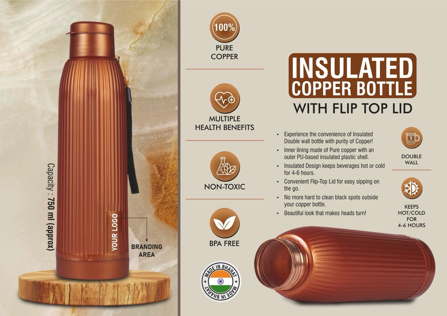 Insulated Copper Bottle With Flip Top Lid