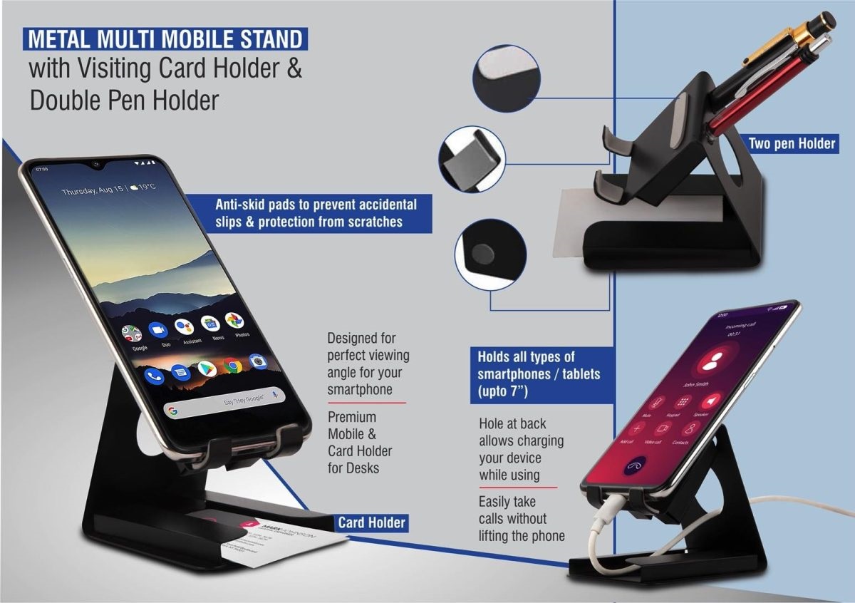 Metal Mobile Stand with Visiting Card Holder and Double Pen Holder