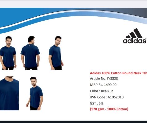 Adidas Men Solid Round Neck Pure Cotton Blue T-Shirt