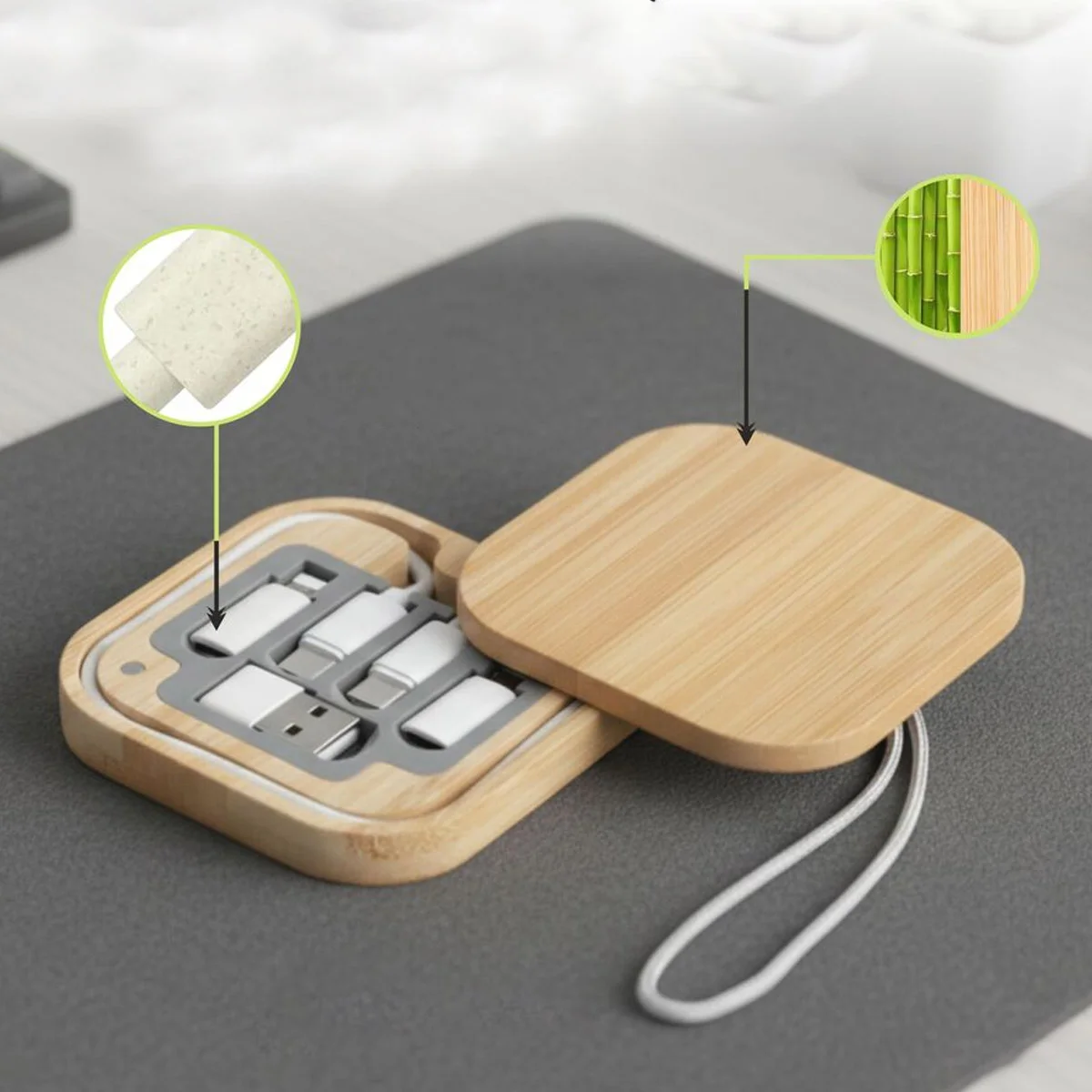 Bamboo Travel Cable Box With Universal Connectors