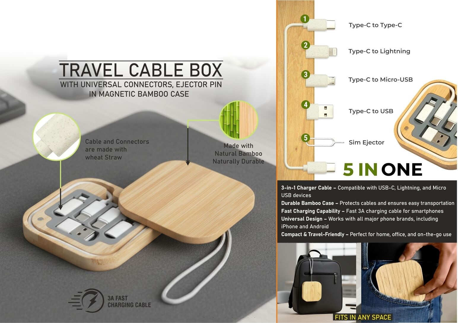 Bamboo Travel Cable Box With Universal Connectors