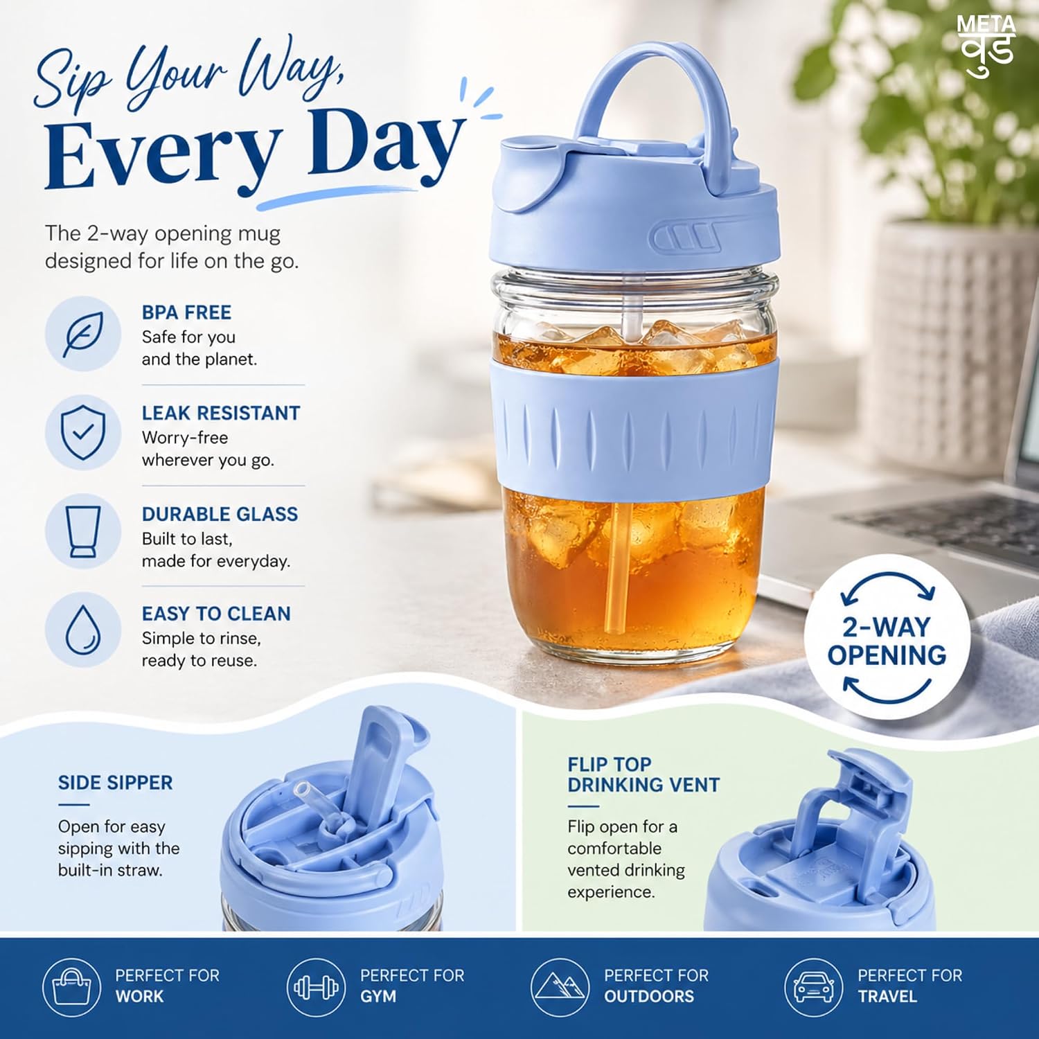 Glass Tumbler with Straw & Sip Lid