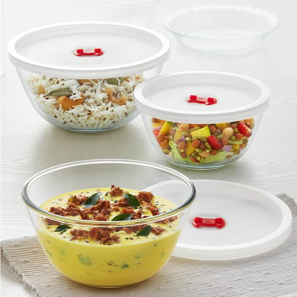 Borosil Mixing Glass Bowl with White Lid Set of 3