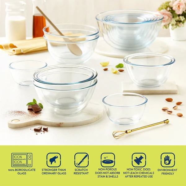 Borosil Mixing Bowl White Lid Set of 2